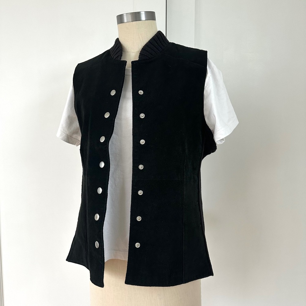 Christopher & Banks Black Suede Leather Ribbed Knit Back Snap Front Vest Large